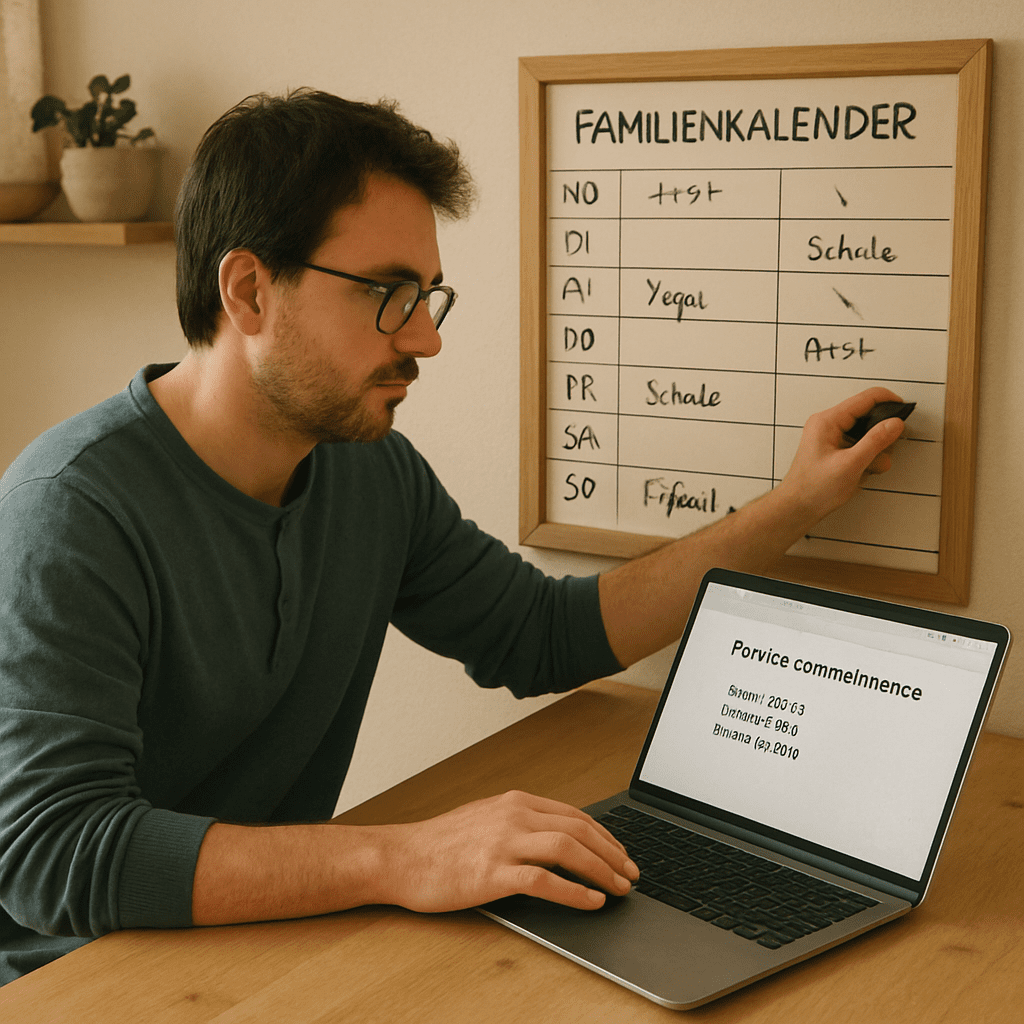 Ein Vater plant Arzttermine am Laptop, während er das Familienkalenderbrett aktualisiert
