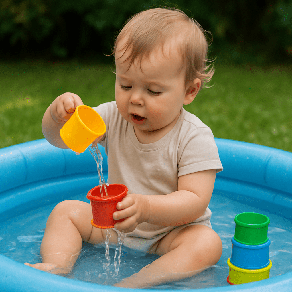 Kleinkind schüttet Wasser mit bunten Stapelbechern im Planschbecken