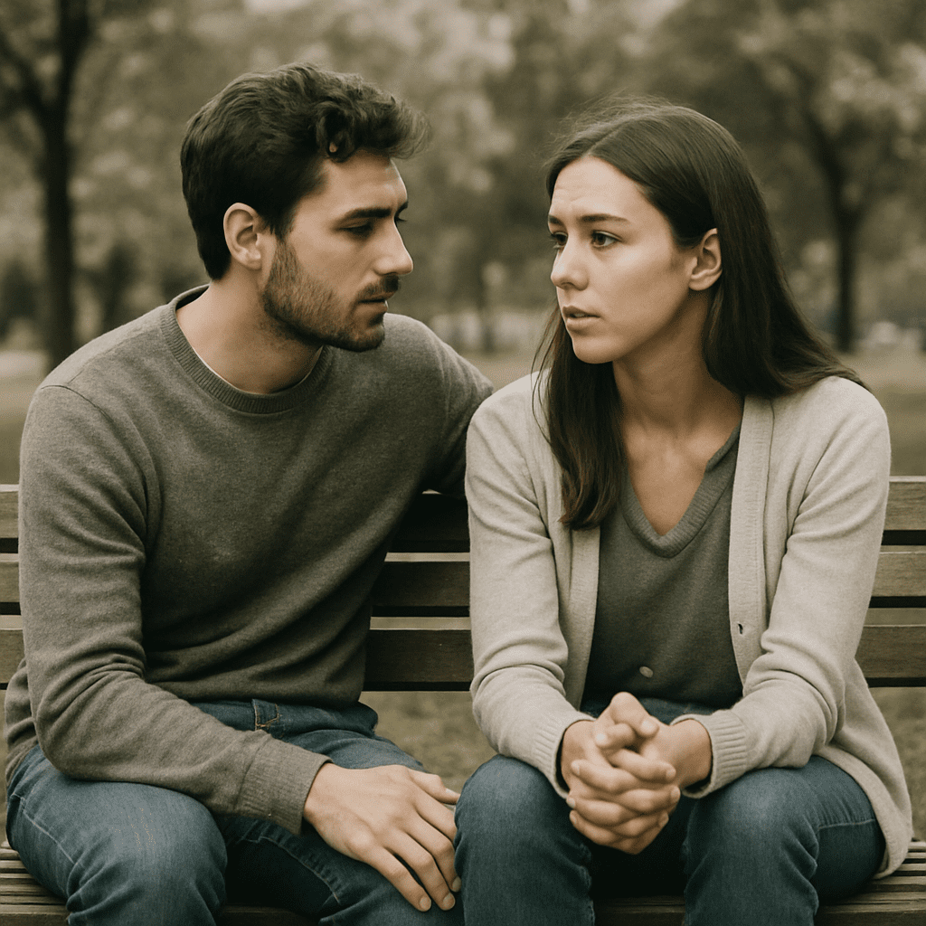 A couple sitting relaxed on a park bench, engaged in deep conversation, symbolizing dialogue and emotional preparation.
