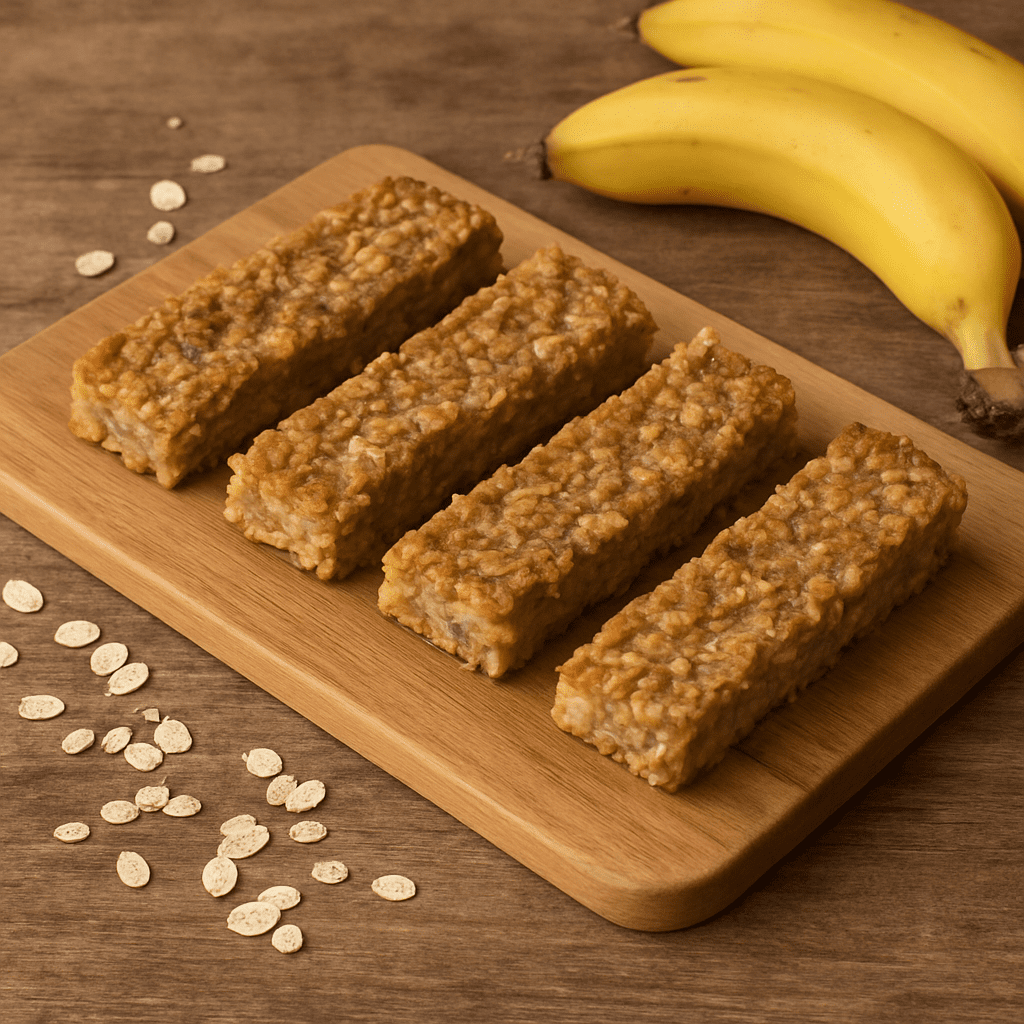 Homemade granola bars made from oats and bananas on a wooden board