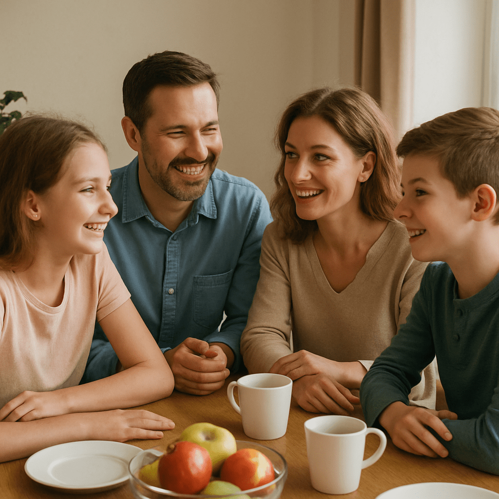Familie sitzt gemeinsam am Tisch und spricht wertschätzend miteinander