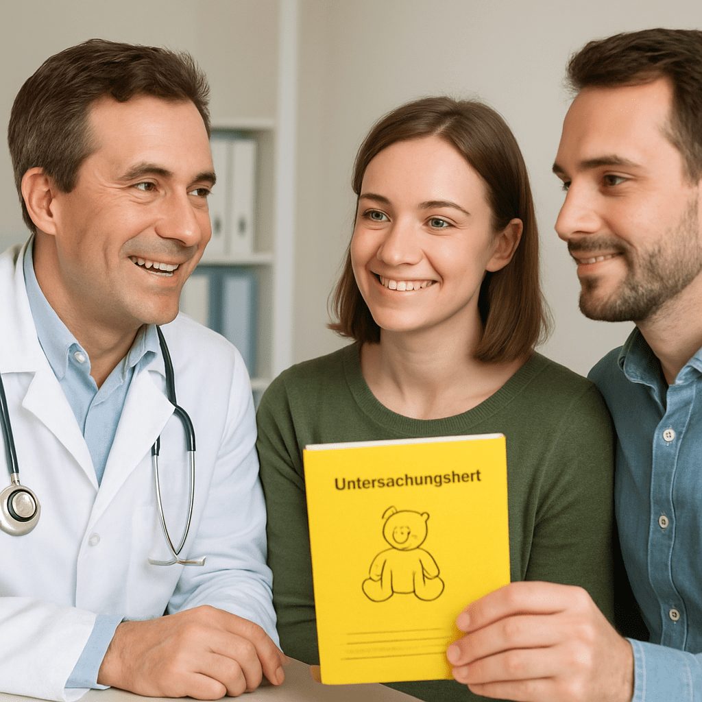 A friendly doctor talking with parents holding a yellow booklet (U-Heft).