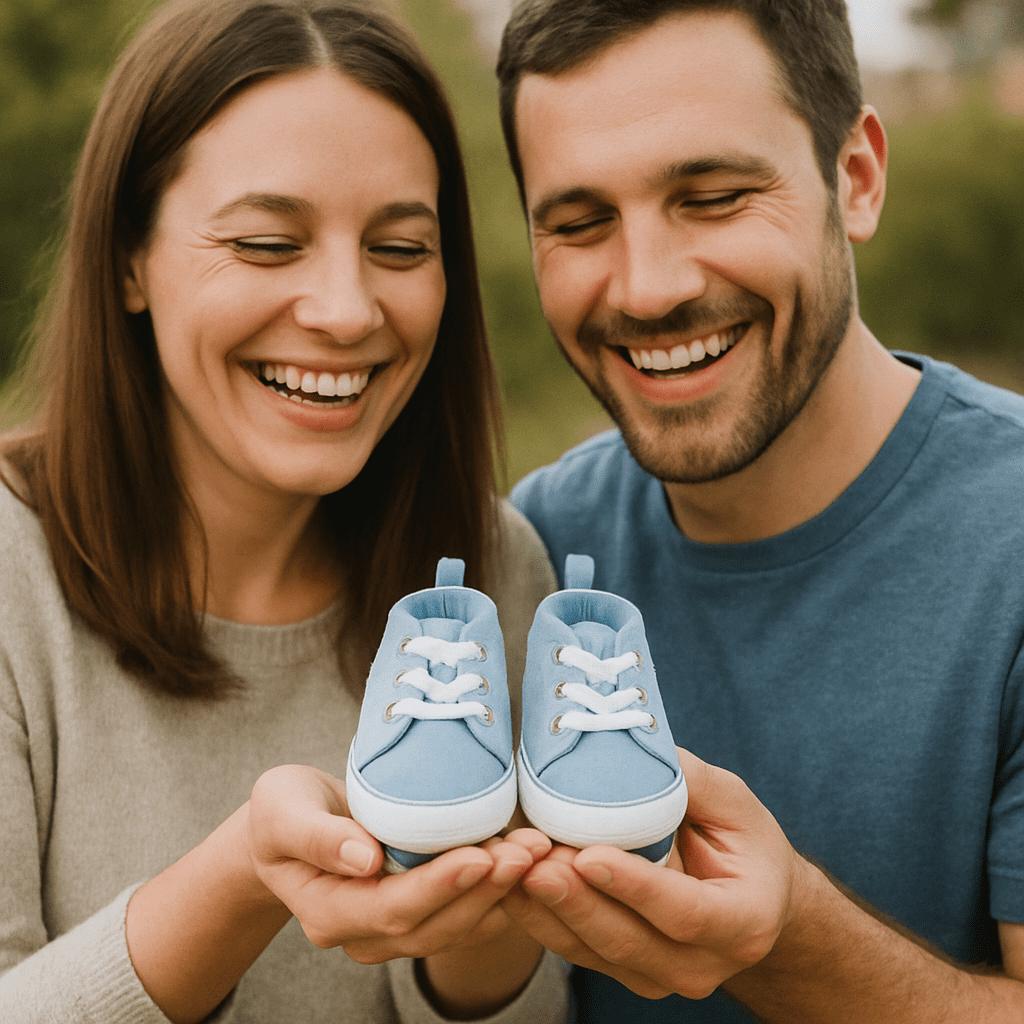 Glückliche Eltern halten winzige Babyschuhe in den Händen