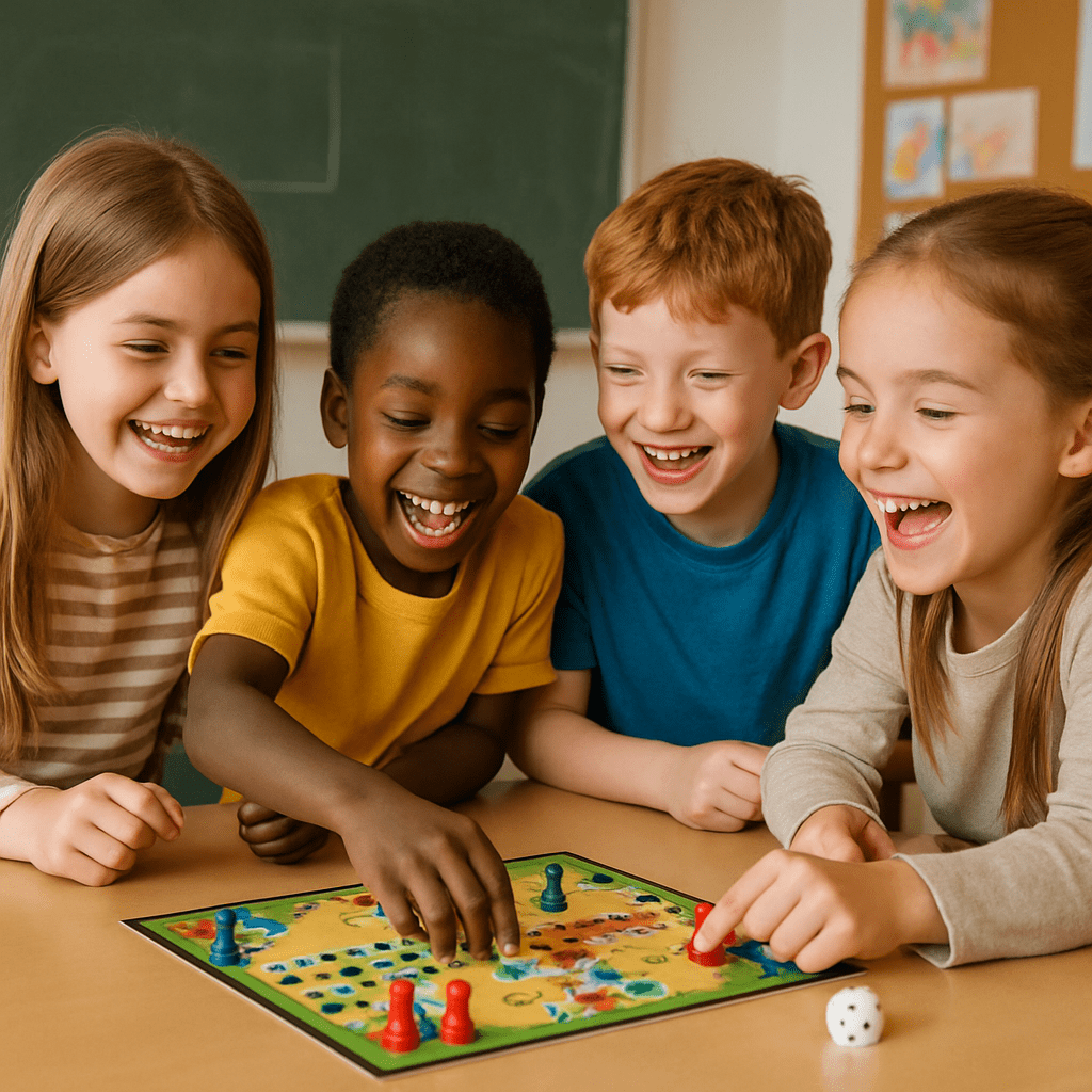 Grundschulkinder spielen gemeinsam ein Brettspiel und lachen