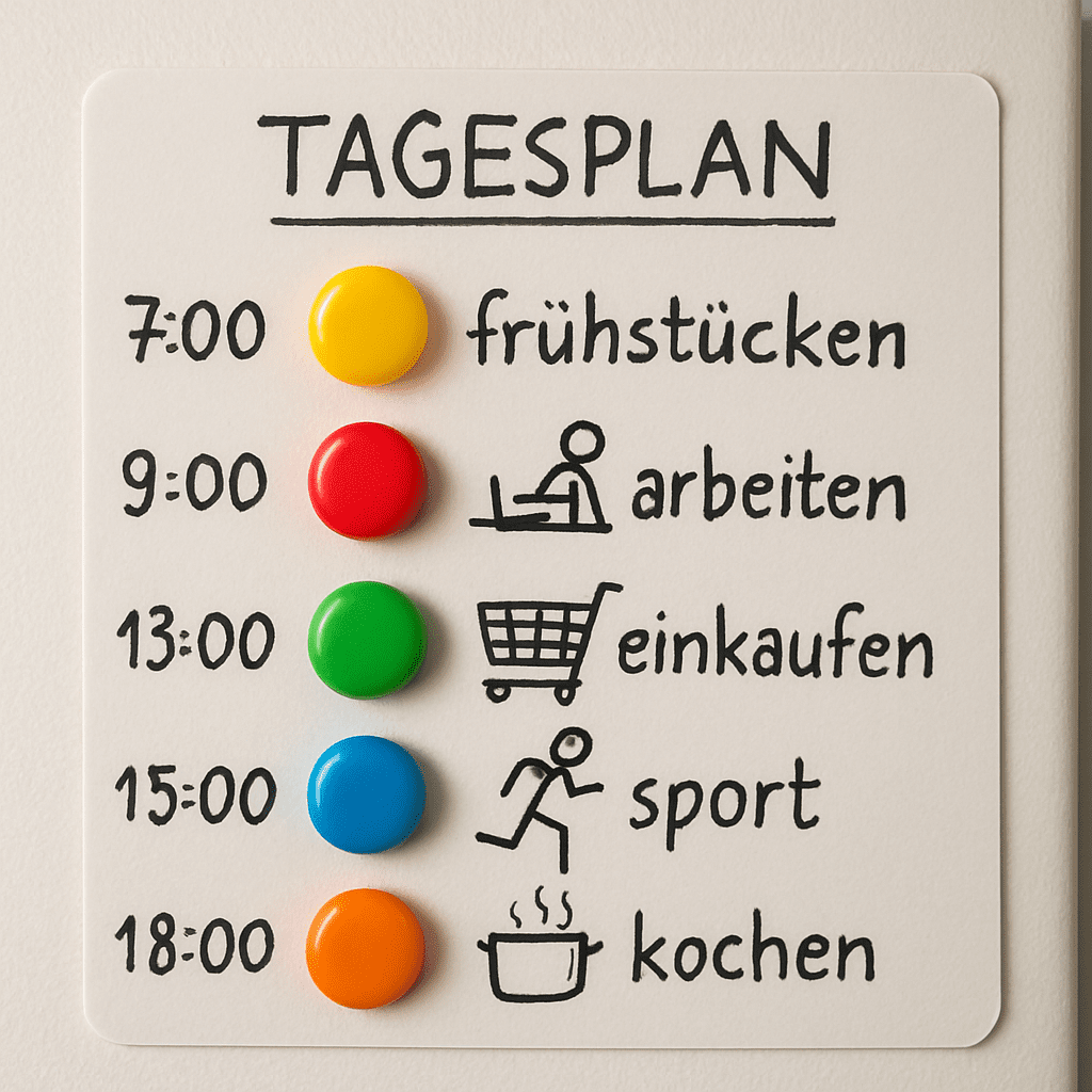 Ein visuell gestalteter Tagesplan mit bunten Magneten am Kühlschrank