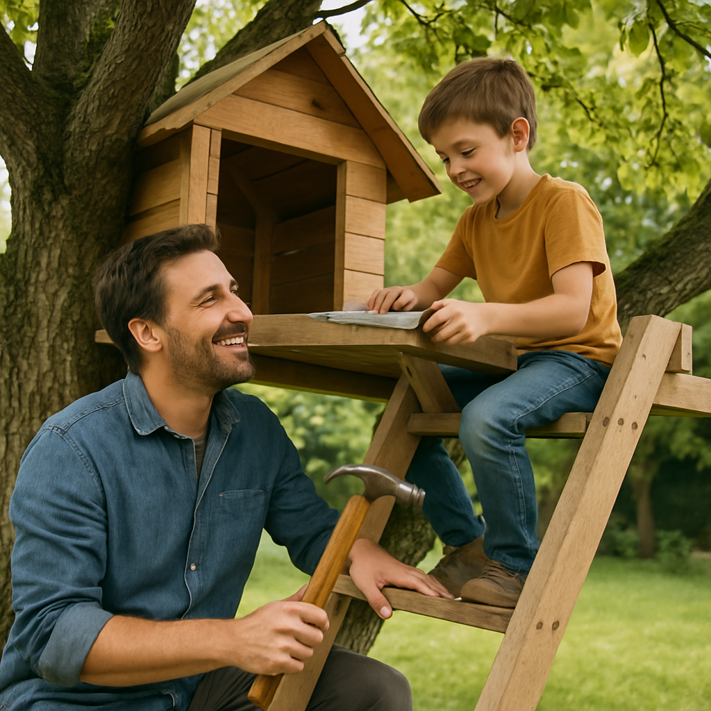 A father and his son building a treehouse together in the garden