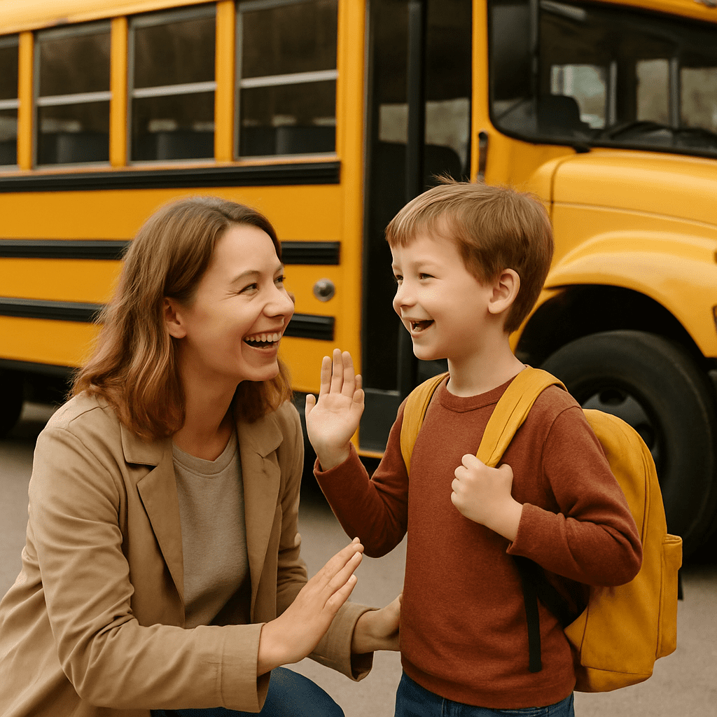 Mutter und Kind verabschieden sich lachend vor dem Schulbus