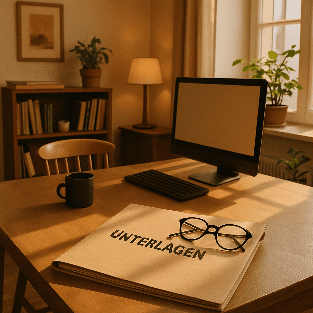 A warm, inviting home office setting with a folder labeled 'Documents' and a pair of glasses, suggesting preparation.