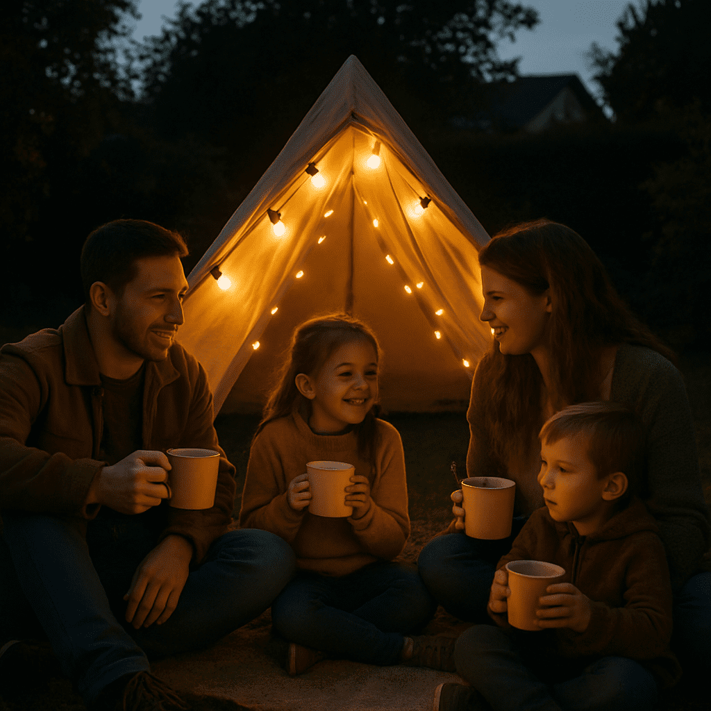 Ein kleines Zelt im abendlichen Garten, beleuchtet von warmen Lichterketten, davor sitzt eine Familie mit Kakao
