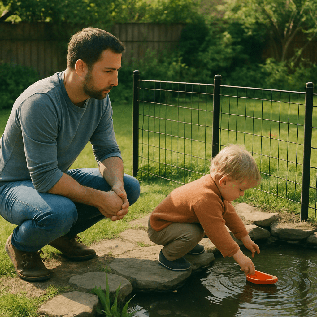 Father constantly supervising his playing child at the edge of a private garden pond that is secured with a fence