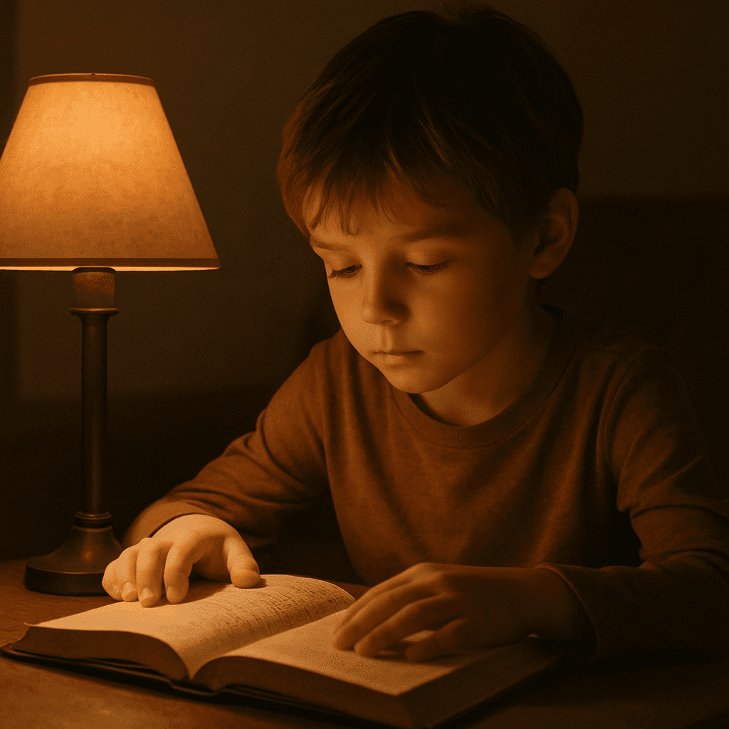 A child reading a book under warm, dimmed light instead of using a tablet.