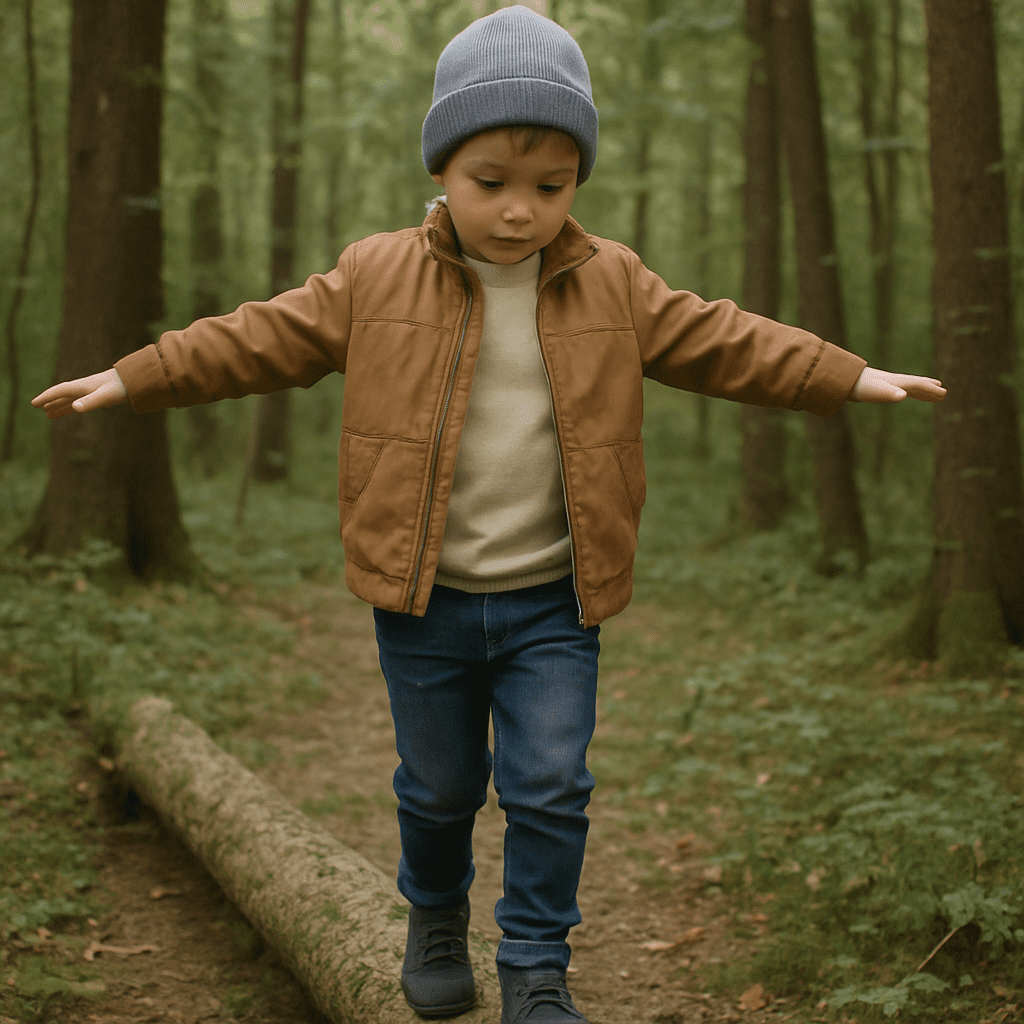 Kind balanciert konzentriert über einen umgestürzten Baumstamm im Wald