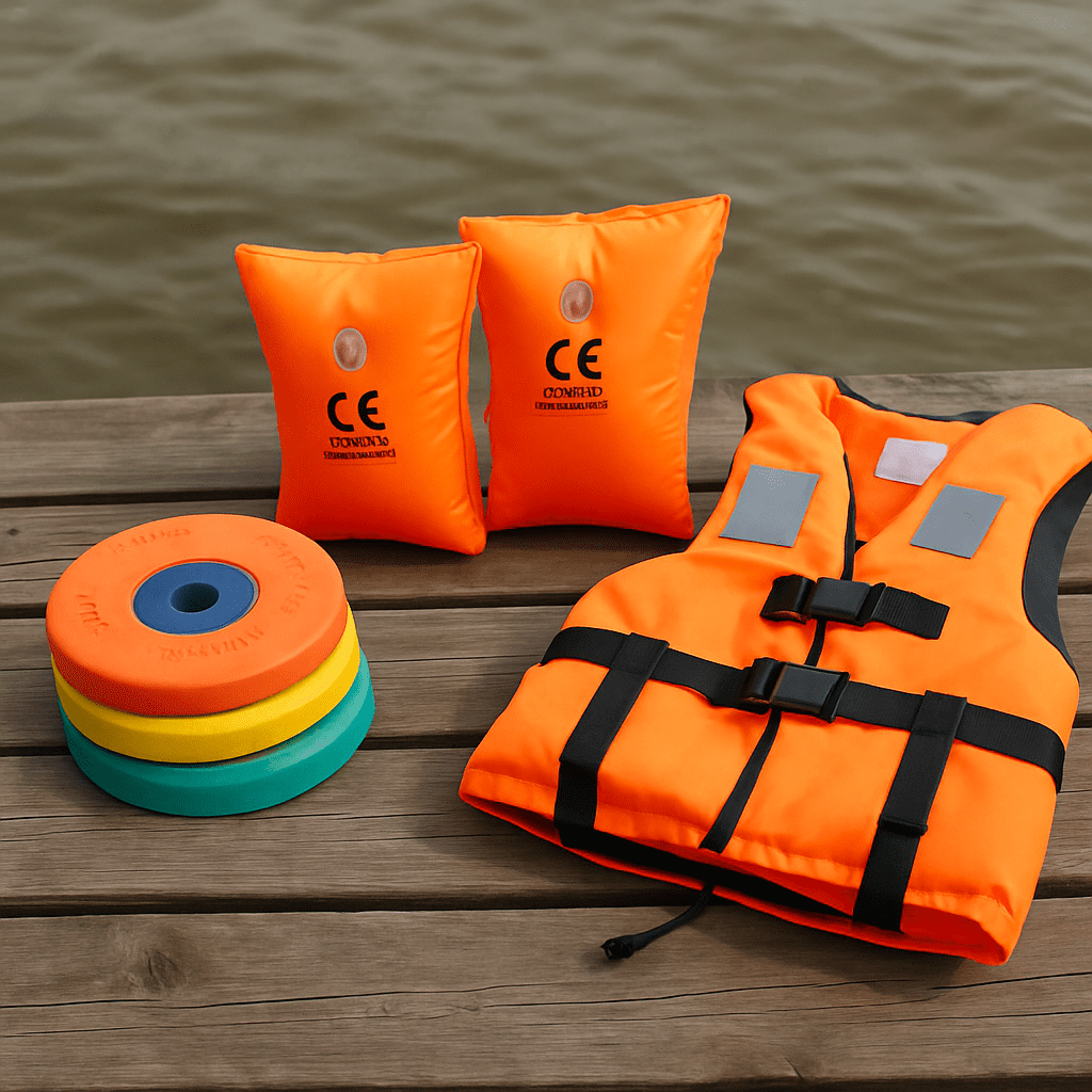 Various certified swimming aids such as swim discs, armbands, and a life vest on a wooden pier