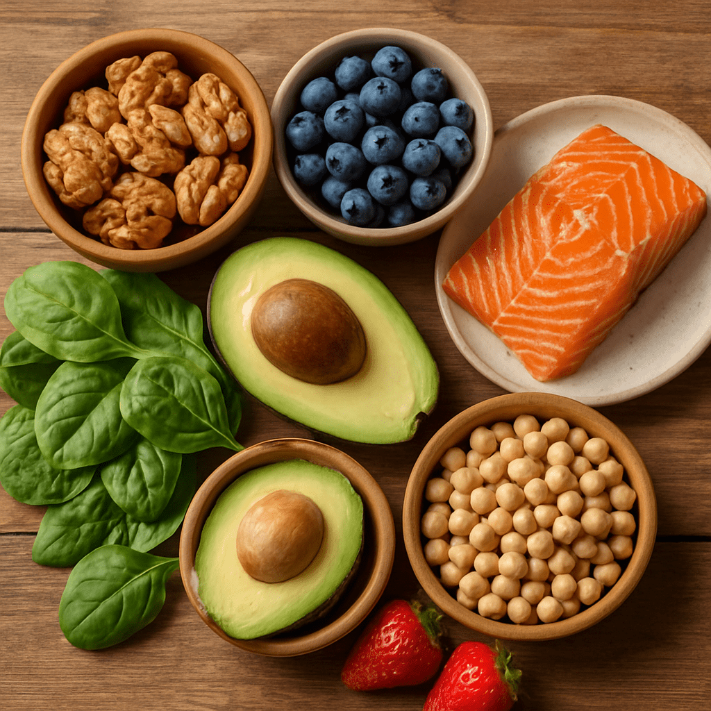 Selection of nutrient-rich foods such as nuts, berries, salmon, and spinach on a wooden table