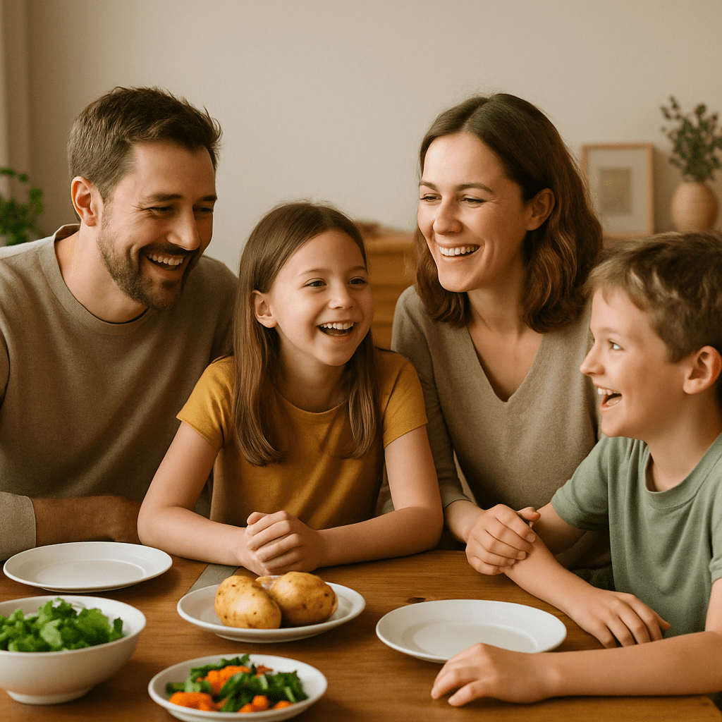 Eine glückliche Familie sitzt ohne elektronische Geräte gemeinsam am Esstisch und lacht bei einem Gespräch