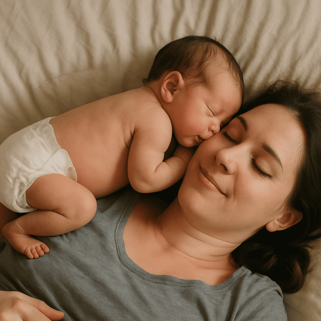 Mother is lying on her back with her newborn lying stomach-down on her chest.