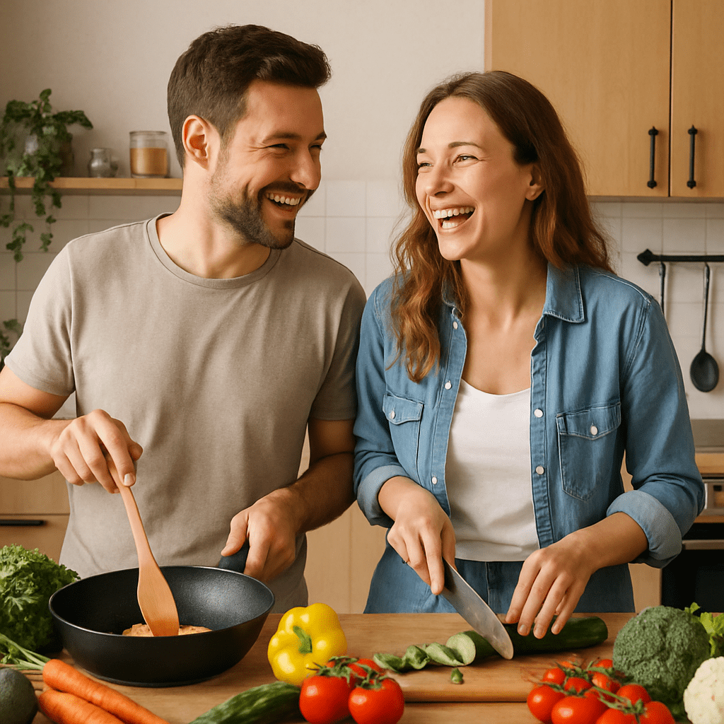 Happy couple preparing healthy food with lots of vegetables in the kitchen.