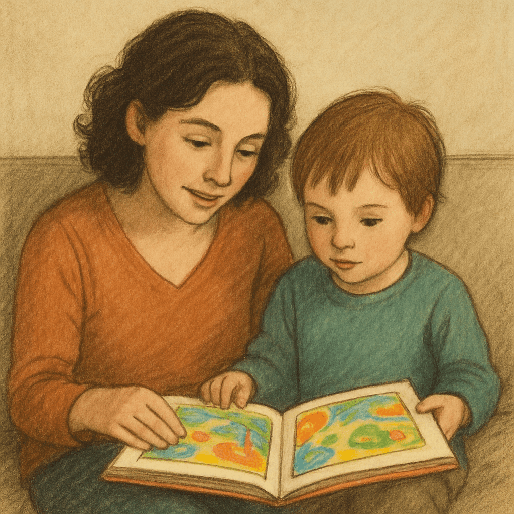 A parent and child looking at a colorful picture book together, both focused on the same page.