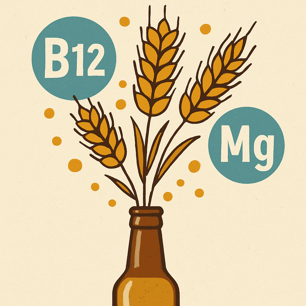 Eine Infografik-ähnliche Darstellung von Getreideähren und Vitamin-Symbolen (B12, Magnesium), die aus einer Bierflasche 'sprudeln'.