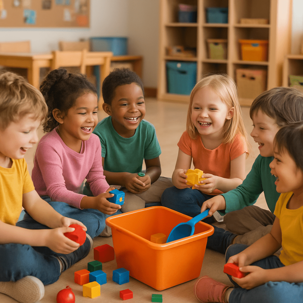 Eine Gruppe von Kindergartenkindern sitzt im Kreis, räumt gemeinsam Spielzeug auf und lacht dabei