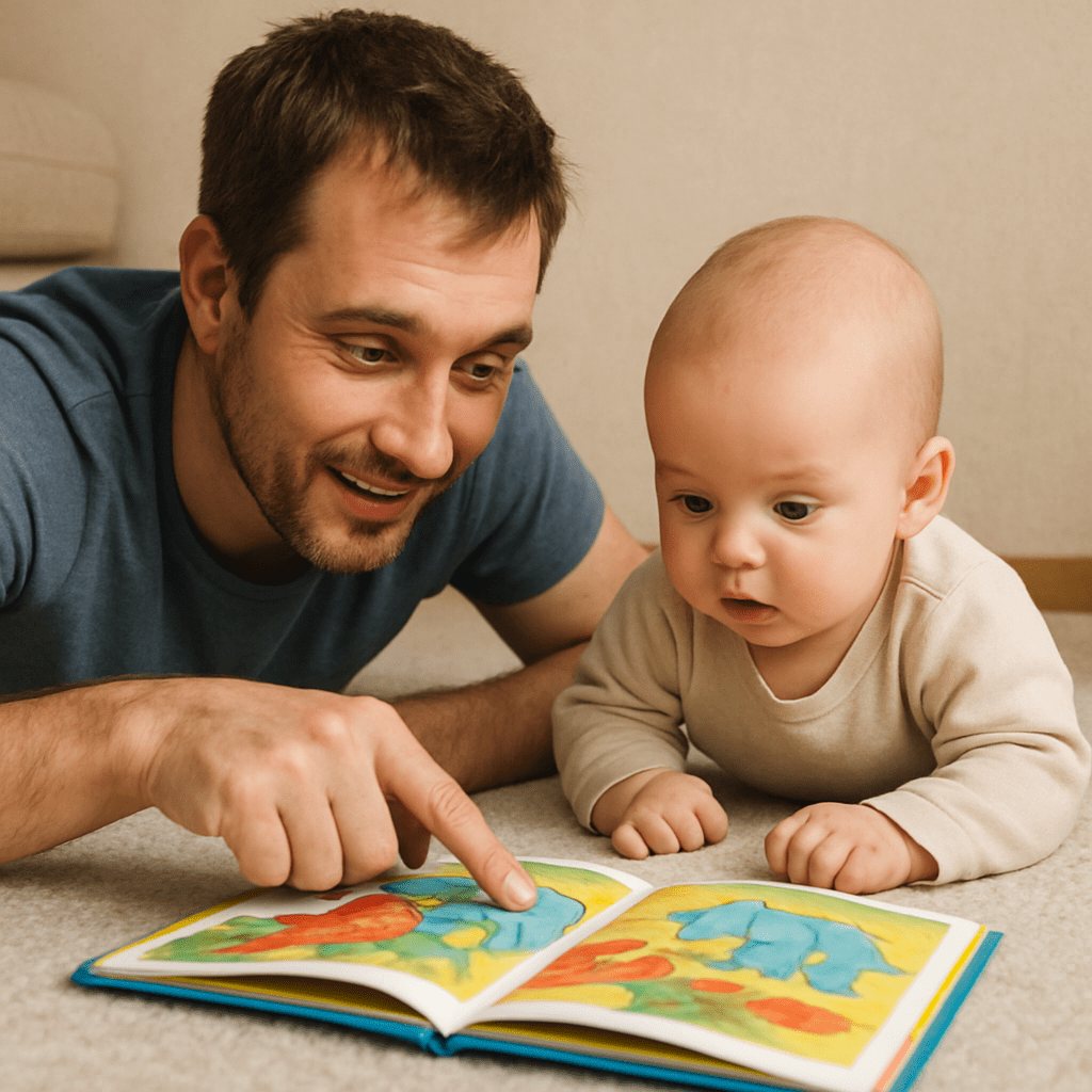 Dad is lying on the floor next to his baby and showing him a colorful picture book.