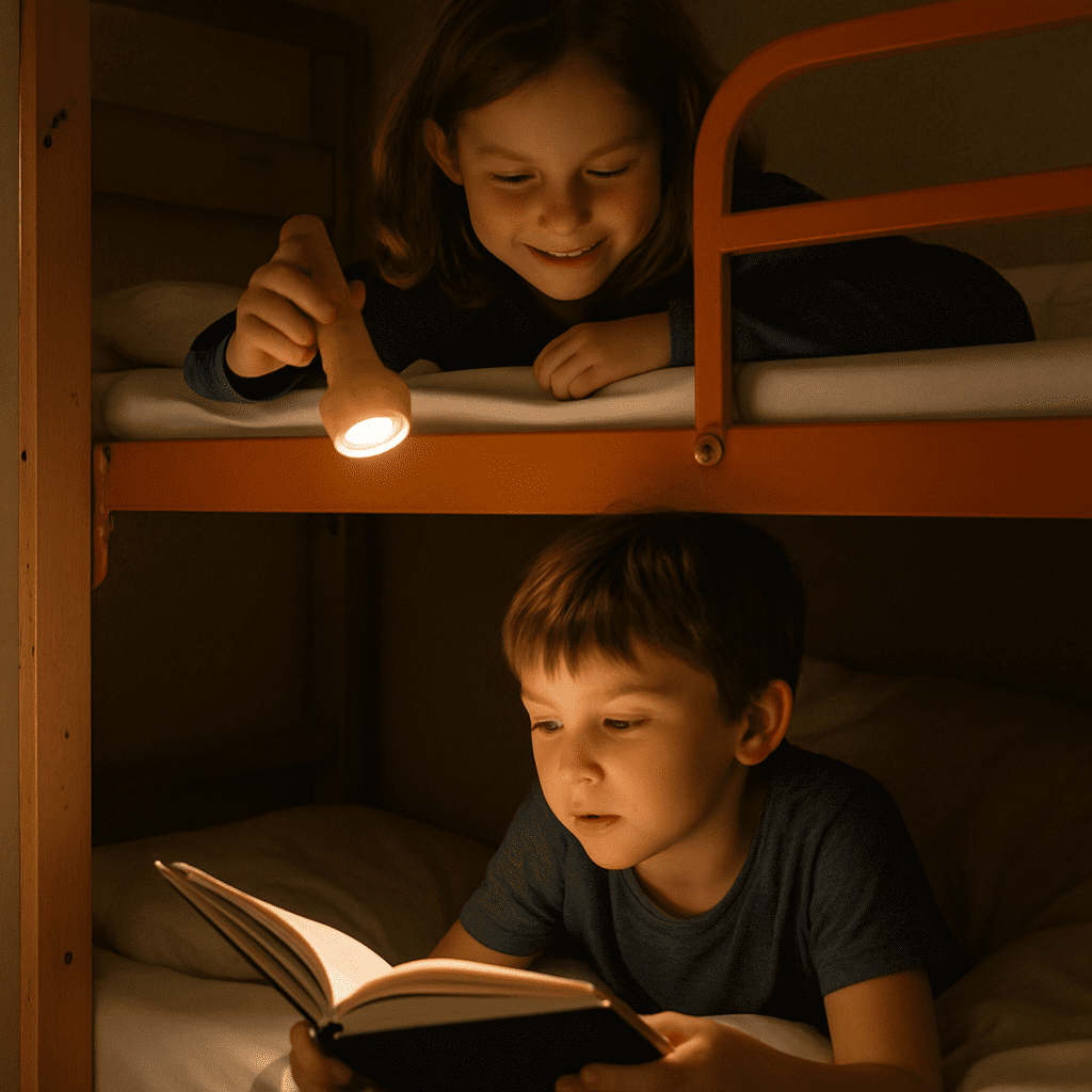 Kinder in einem Stockbett in der Jugendherberge lesen mit der Taschenlampe