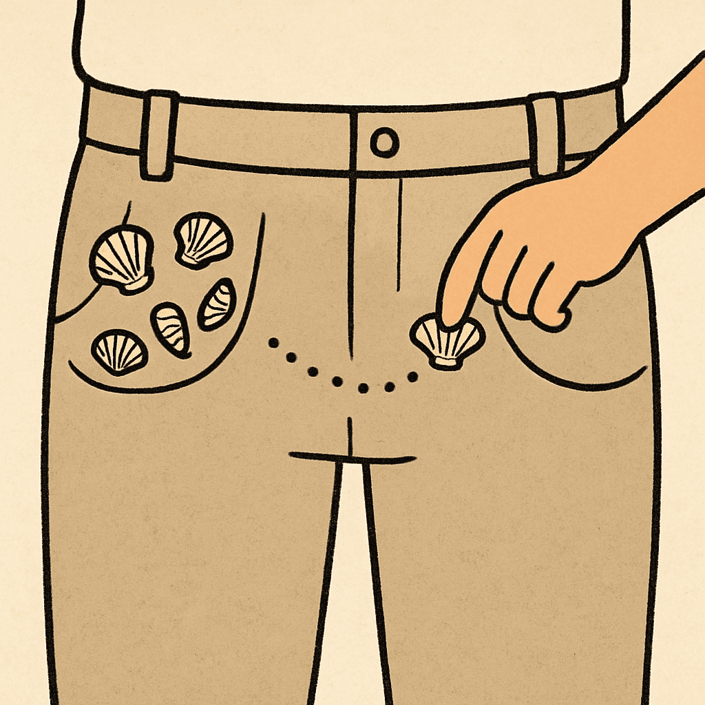 A clear, simple illustration of a pair of pants pockets with five small seashells being moved from one side to the other by a child's hand.