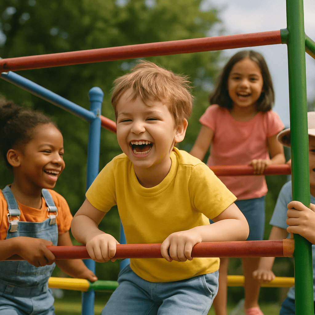 Ein Kind spielt lachend mit anderen Kindern auf einem Klettergerüst
