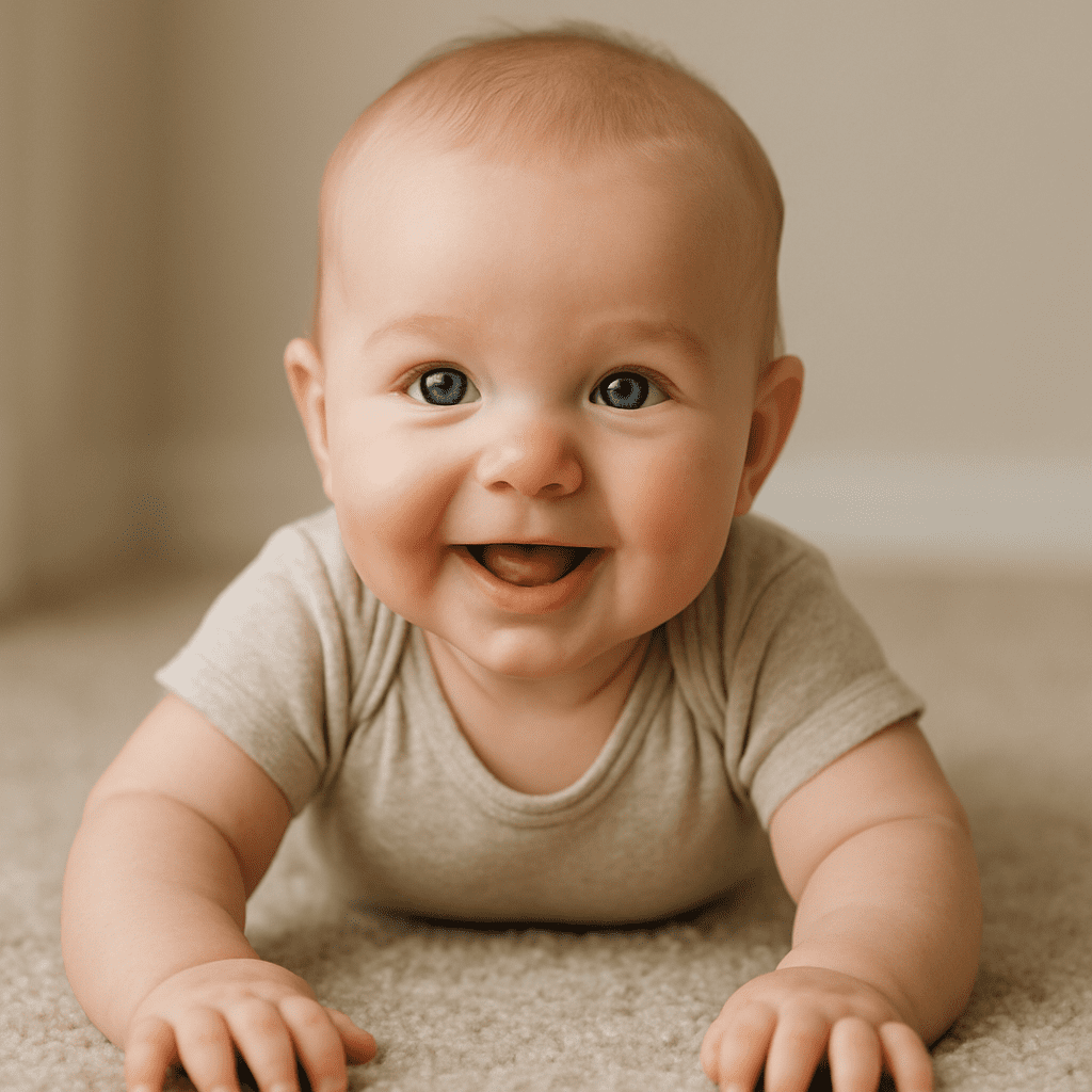 A 6-month-old baby is leaning on extended arms and smiling.