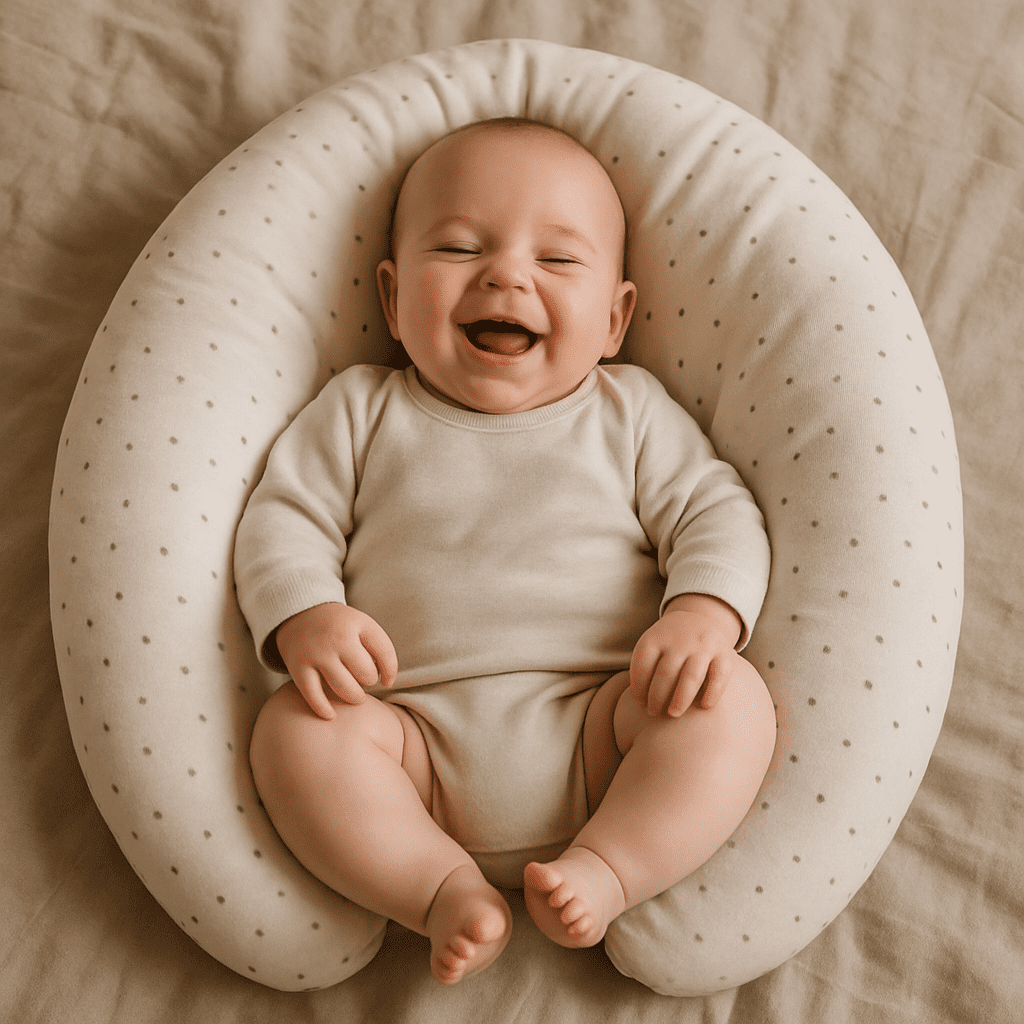 Ein glückliches, lachendes Baby liegt sicher gebettet in der Mitte eines zu einem Nestchen geformten Stillkissens