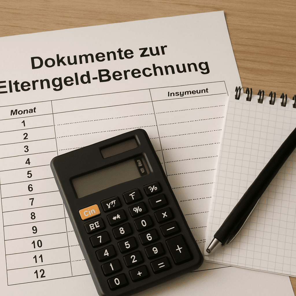 Dokumente zur Elterngeld Berechnung mit einem Taschenrechner und Notizblock
