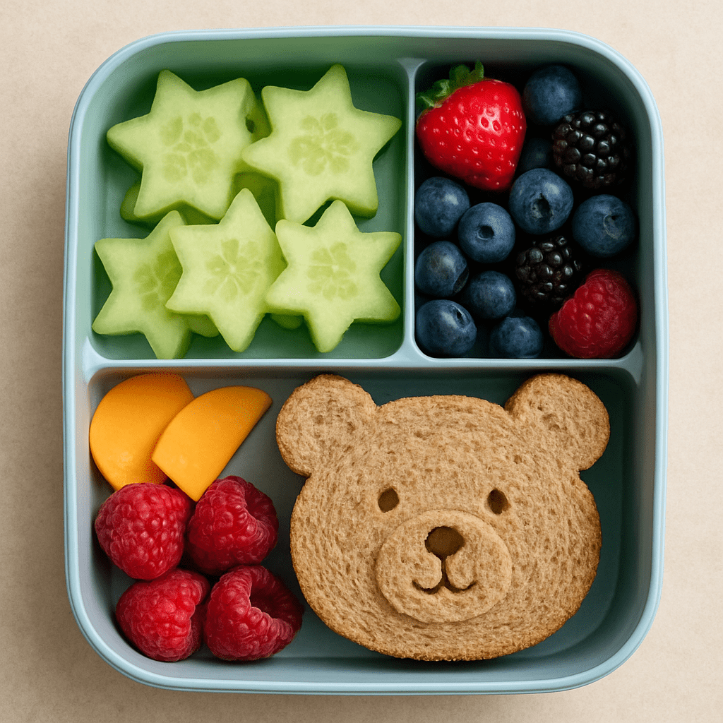 Eine liebevoll und abwechslungsreich gefüllte Brotdose für Kinder, bestückt mit sternförmigen Gurkenscheiben, Beeren und einem Vollkornbrot
