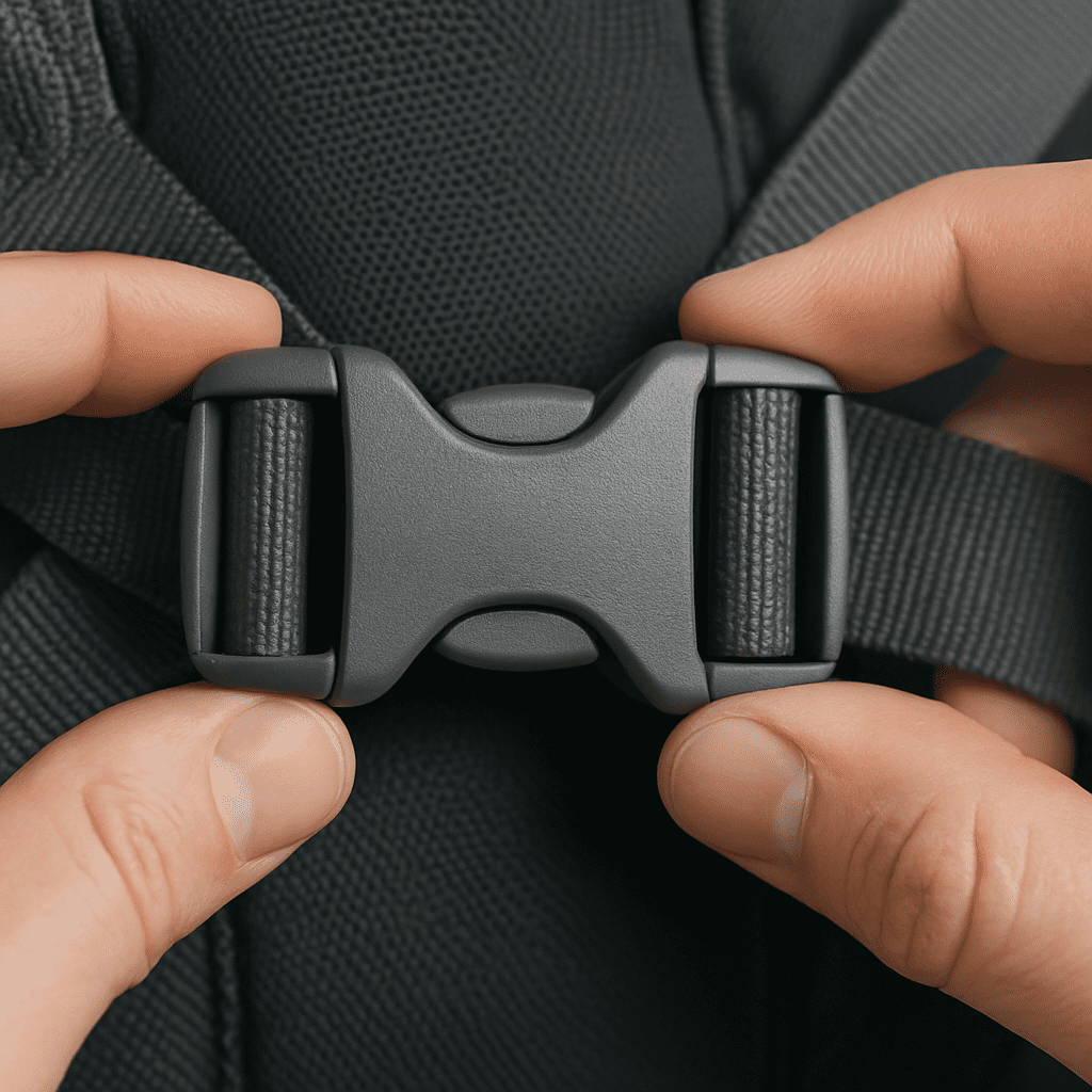 A close-up, high-quality photograph of a baby carrier's safety buckle being clicked into place.
