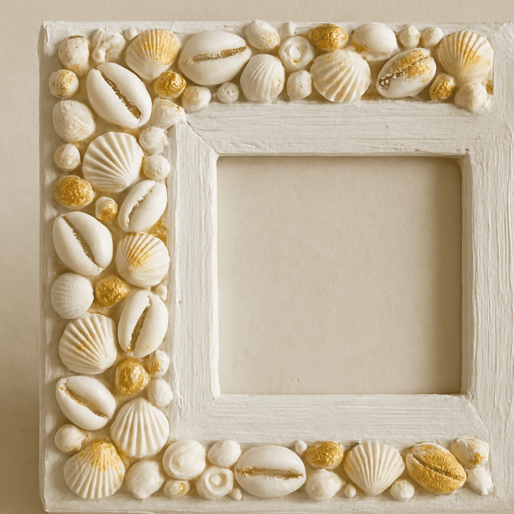 A close-up of a white wooden picture frame decorated with small white shells and a touch of gold paint.