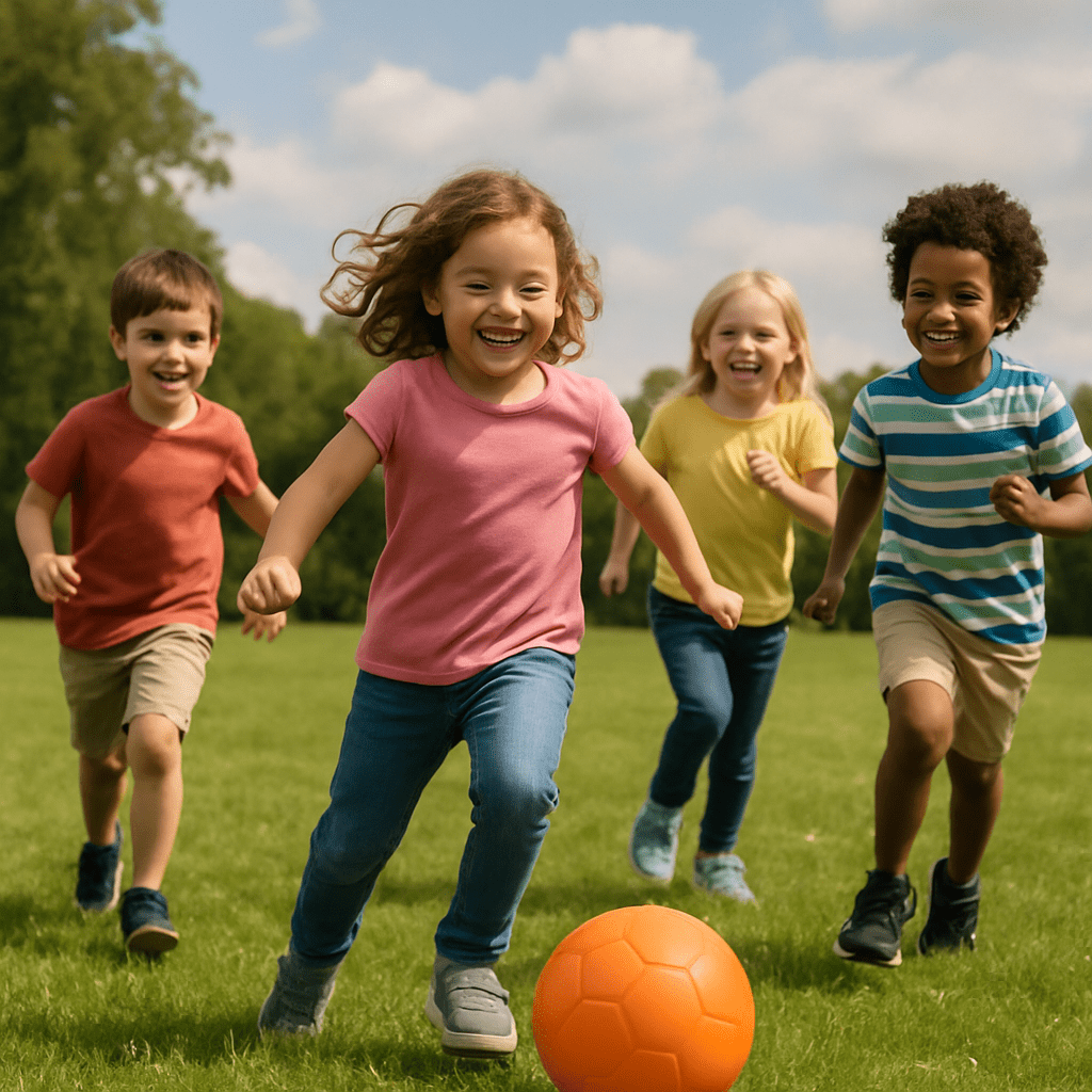 Gruppe von Kindern beim fröhlichen Ballspielen auf einer Wiese