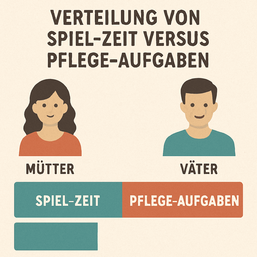 Infographic showing the distribution of playtime versus caregiving tasks between mothers and fathers