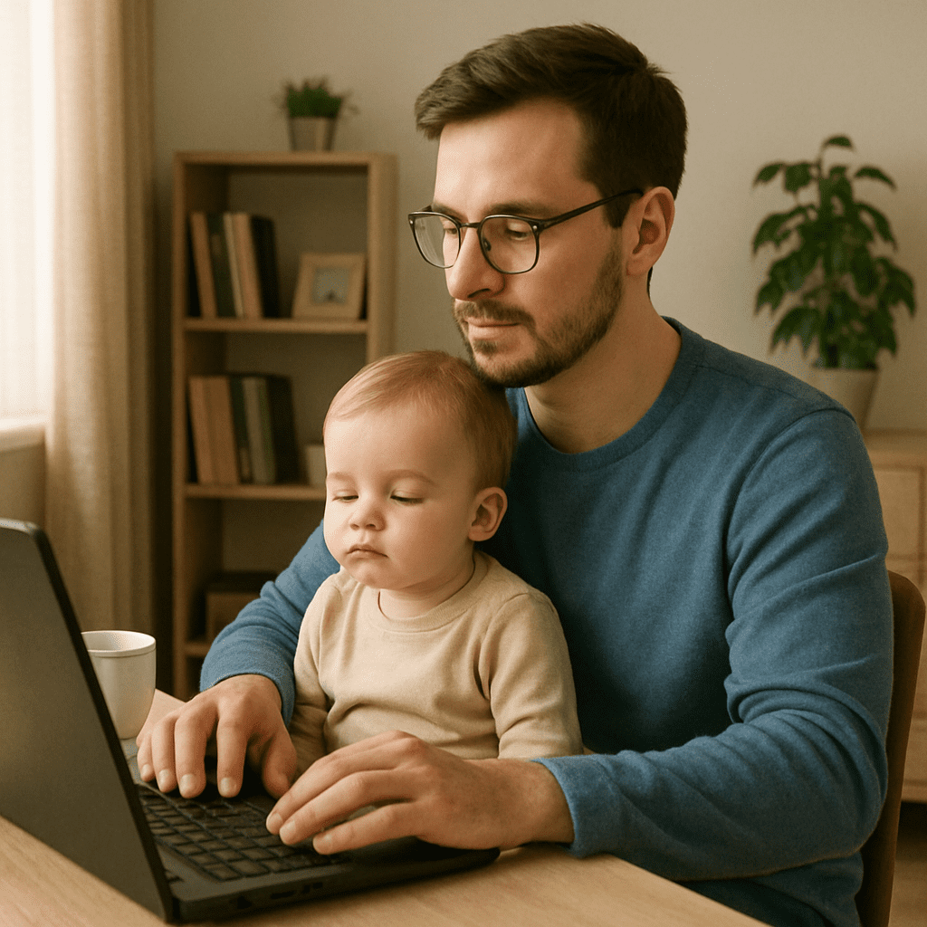 A father works on his laptop at home while his toddler sits peacefully on his lap.