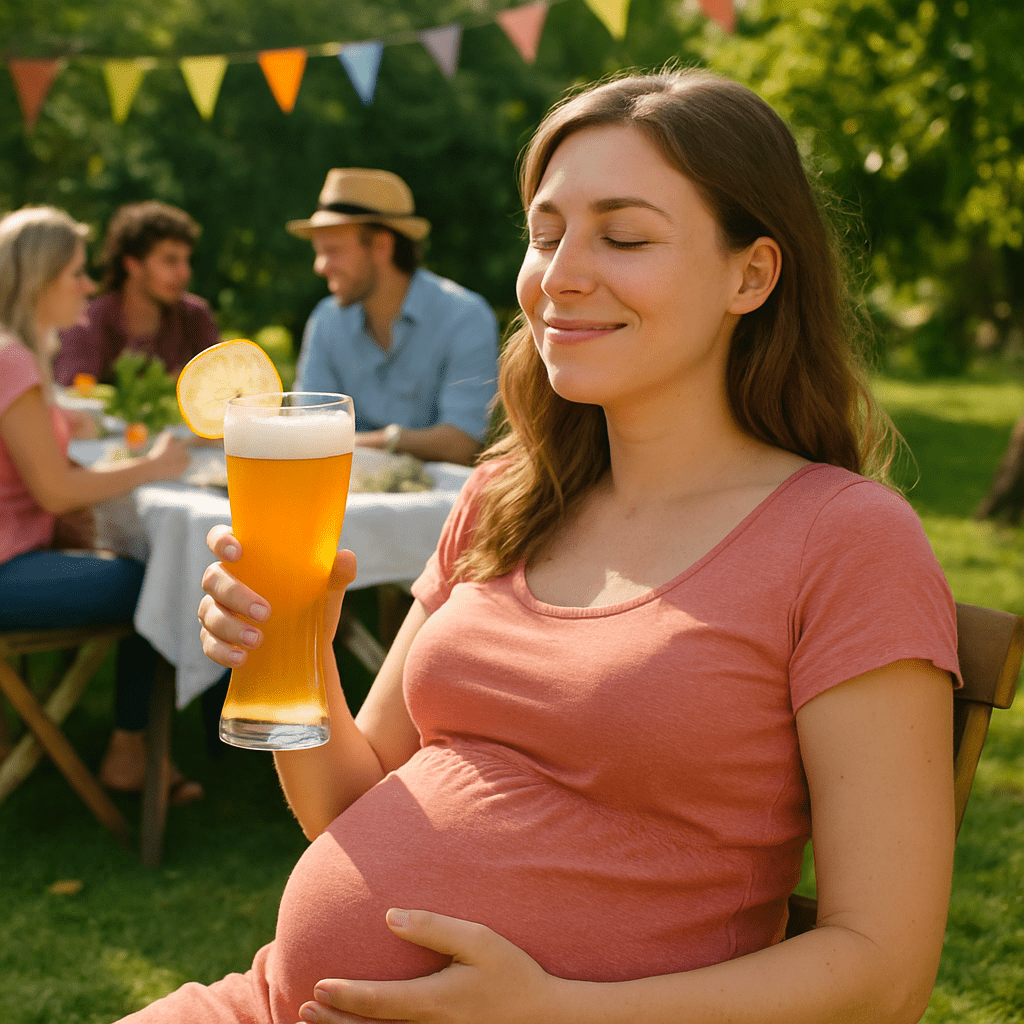 Eine entspannte schwangere Frau bei einem sommerlichen Gartenfest, die ein Glas alkoholfreies Weizenbier mit einer Zitronenscheibe hält.