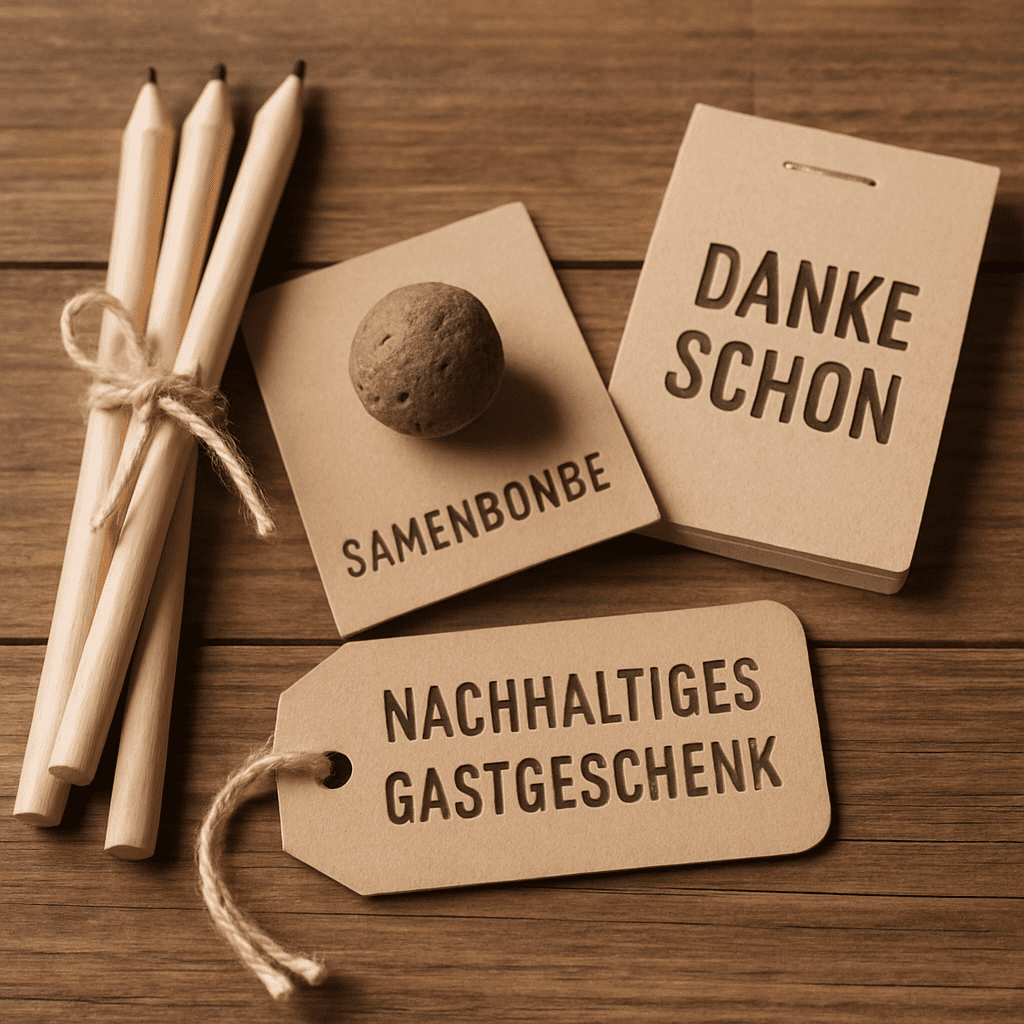 Verschiedene kleine, nachhaltige Gastgeschenke wie Holzstifte, Samenbomben und Papierblöcke auf einem Holztisch
