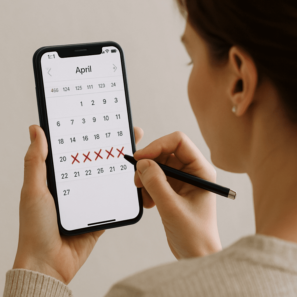 Frau markiert hoffnungsvoll Tage in einem Kalender auf ihrem Smartphone