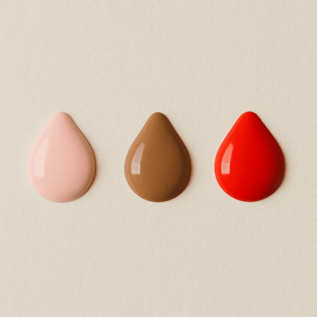 A simple visual showing three drops of color: light pink, brownish, and bright red for comparison.