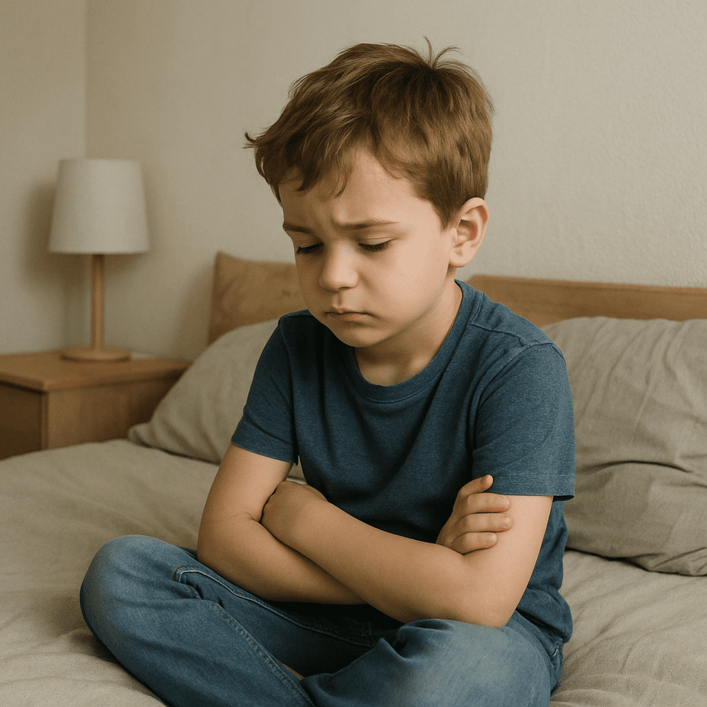 Nachdenkliches Kind sitzt auf dem Bett und reflektiert sein Verhalten