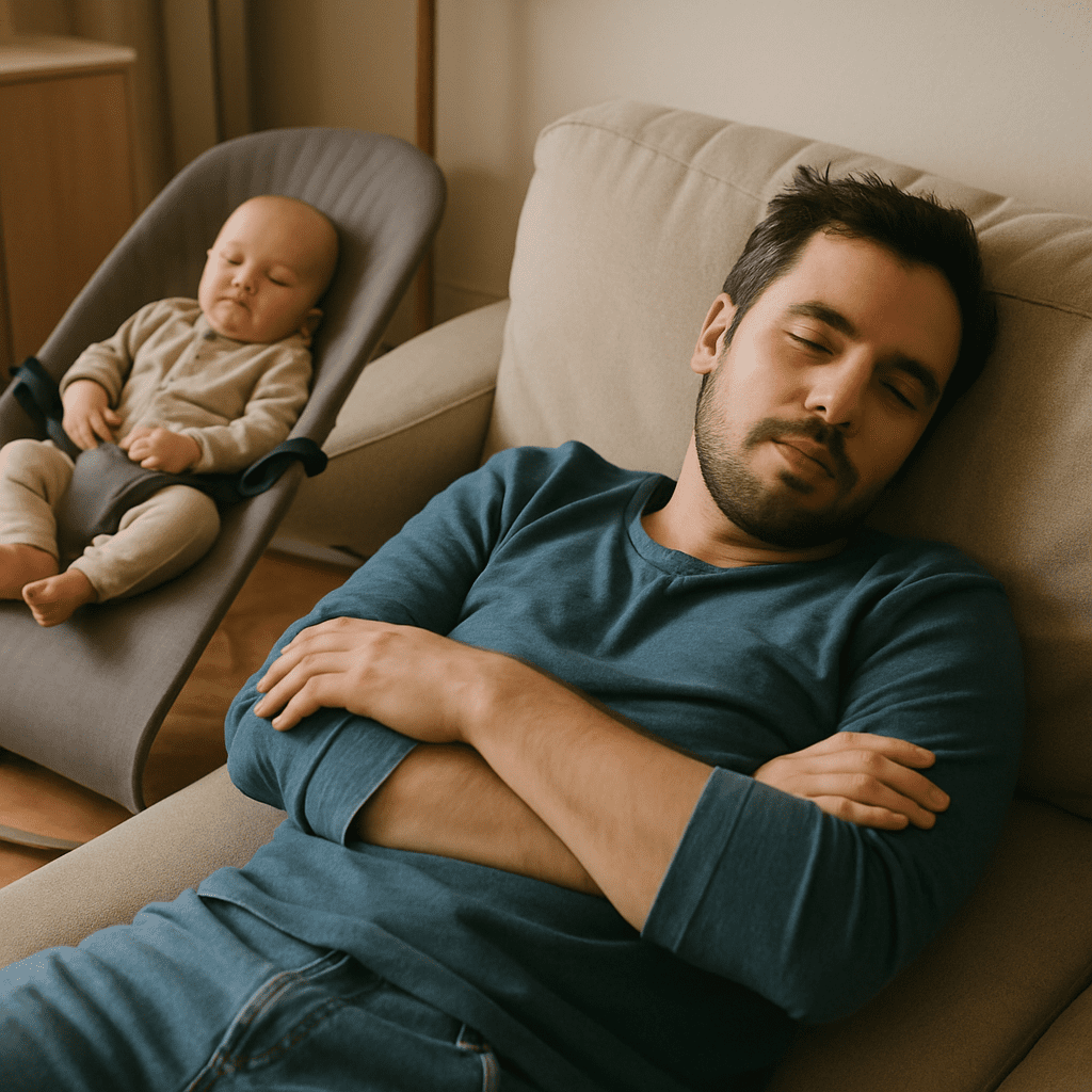 A father takes a short power nap on the couch while the baby lies peacefully in its bouncer in the background.