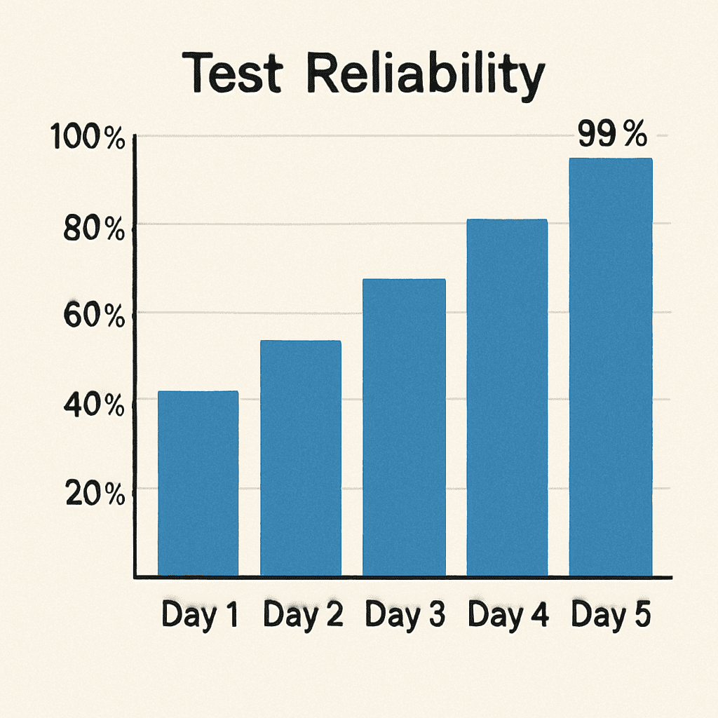 A simple bar chart showing the increase in test reliability from 50% to 99% over the course of 5 days.