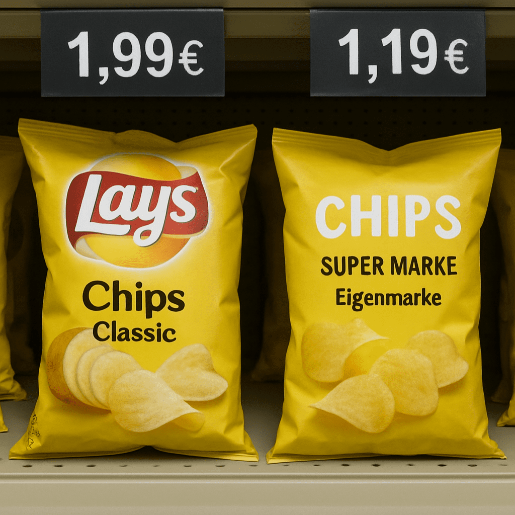 Comparison between an expensive brand-name snack and a cheap store brand on the supermarket shelf