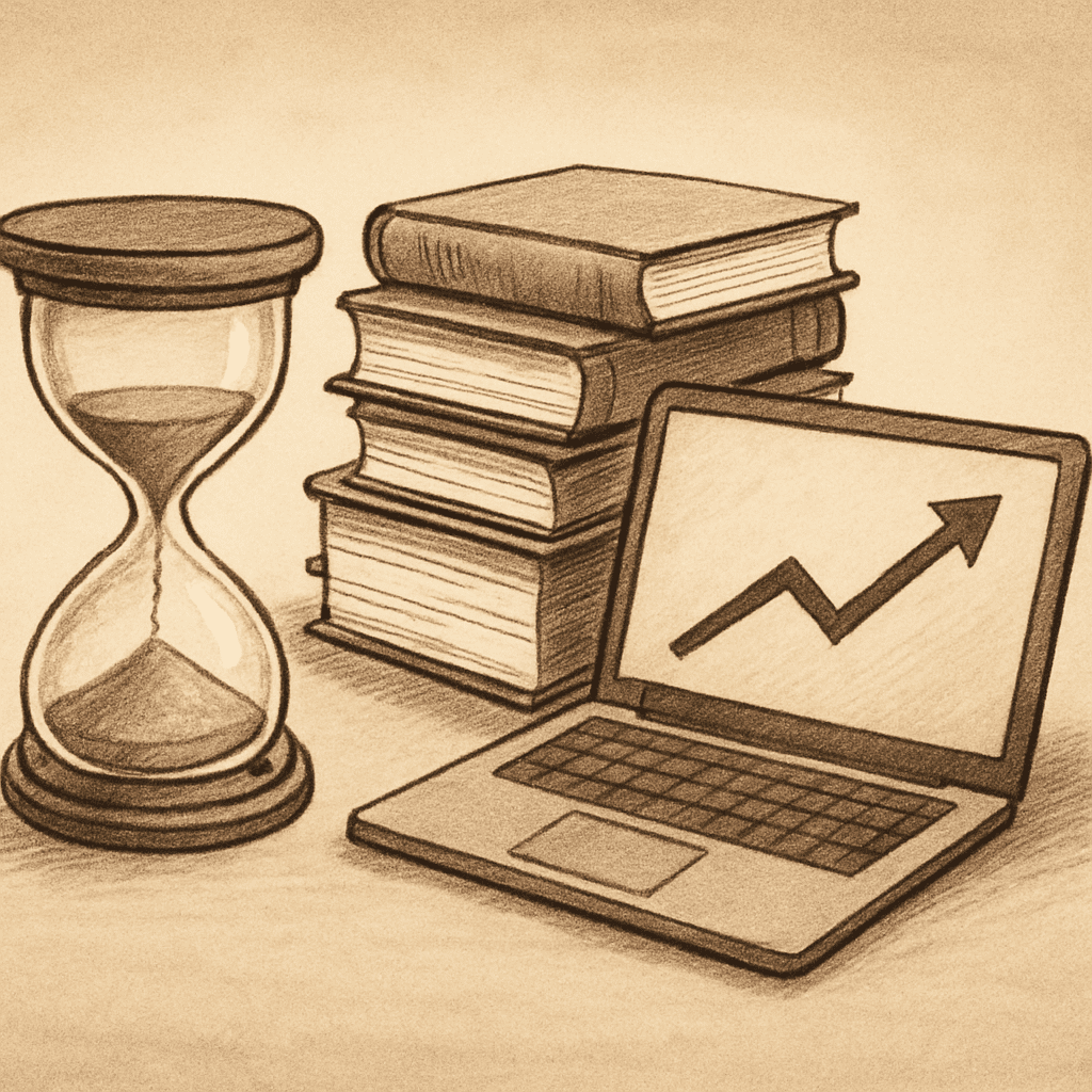 An hourglass stands beside a stack of books and a laptop, symbolizing the contrast between biological time and career planning.
