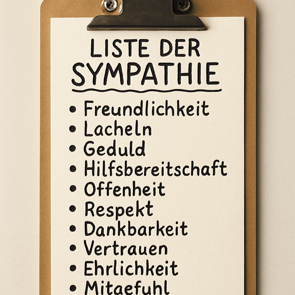 Eine übersichtliche, handgeschriebene oder schön gestaltete Liste auf Klemmbrett, die Sympathie ausstrahlt.