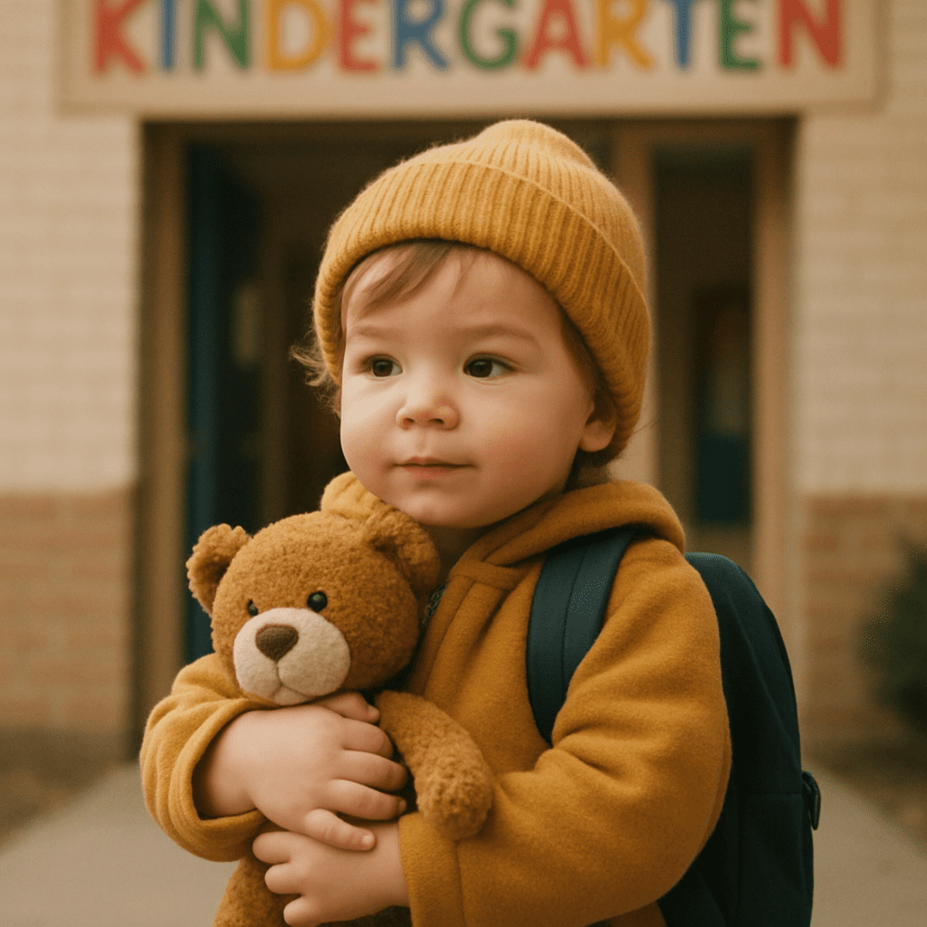 Ein Kleinkind hält beim Eintreffen im Kindergarten sein Lieblingskuscheltier fest im Arm