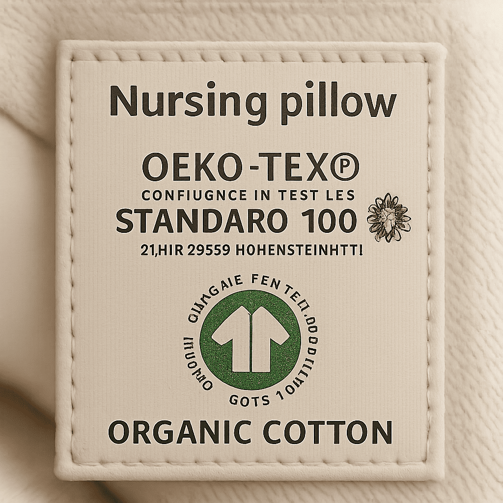 Ein Etikett eines Stillkissens, das das OEKO-TEX Standard 100 Siegel sowie das GOTS-Zertifikat für Bio-Baumwolle zeigt