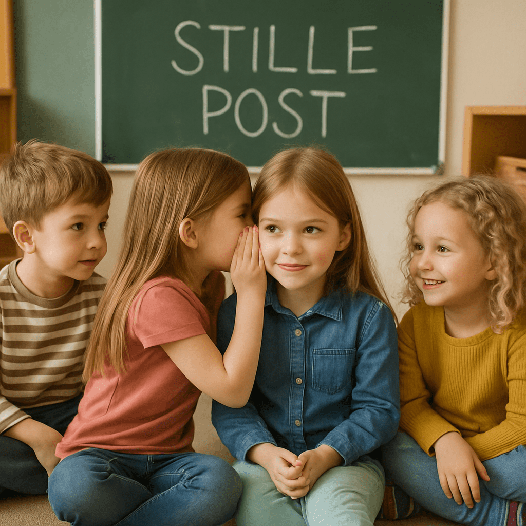Kinder sitzen im Kreis und spielen Stille Post, ein Mädchen flüstert dem anderen ins Ohr